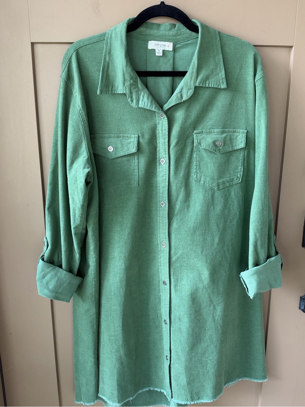 Umgee XL Corduroy Dark Sage Green Casual Button-Down Shirt Dress